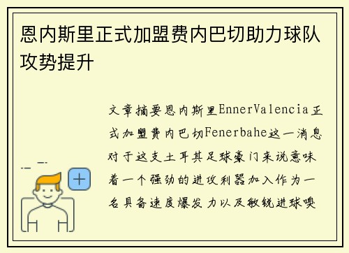 恩内斯里正式加盟费内巴切助力球队攻势提升